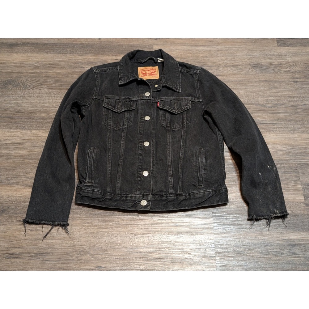 Levis‎ Black Denim Trucker Jacket Womens Medium Distressed Raw Hem Frayed Sleeve